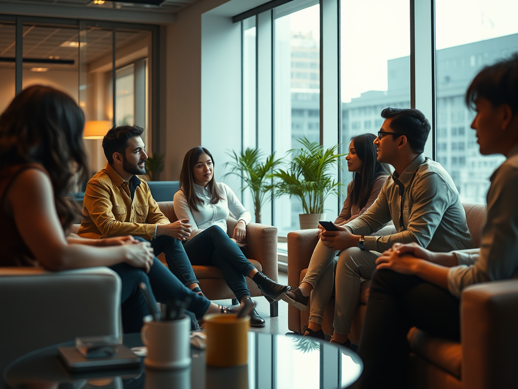 A neatly organized set of insurance brochures in smooth, heavyweight paper with cool grey and ivory palette, staggered fan-like across a clear glass table. The table stands in a sleek, open office lobby with muted taupe floor tiles, minimalist planters holding small, architectural succulents, and a structured layout visible in the background. Gentle morning sunlight enters through a large window, creating calm highlights and faint reflections on the brochures and tabletop. Shot from a bird’s eye perspective with balanced composition, the overall mood is approachable yet distinctly corporate. The photographic realism and clean design serve to emphasize accessibility and modern professionalism in the insurance mediation space.